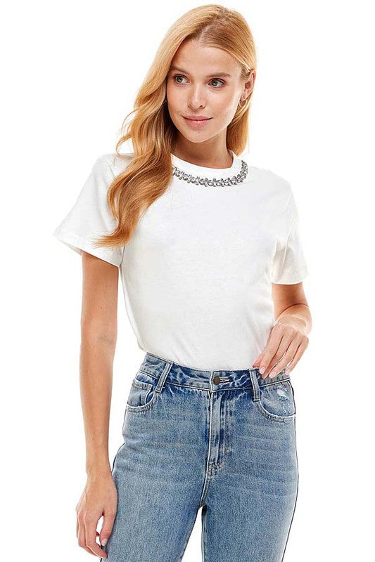 White Over Sized Tee W/Neck Trim Detail