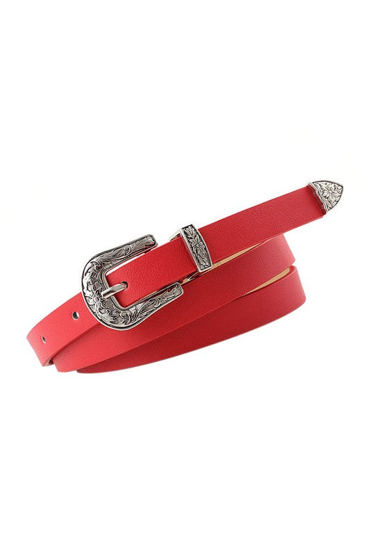 Red Engraving Thin Western Buckle Belt