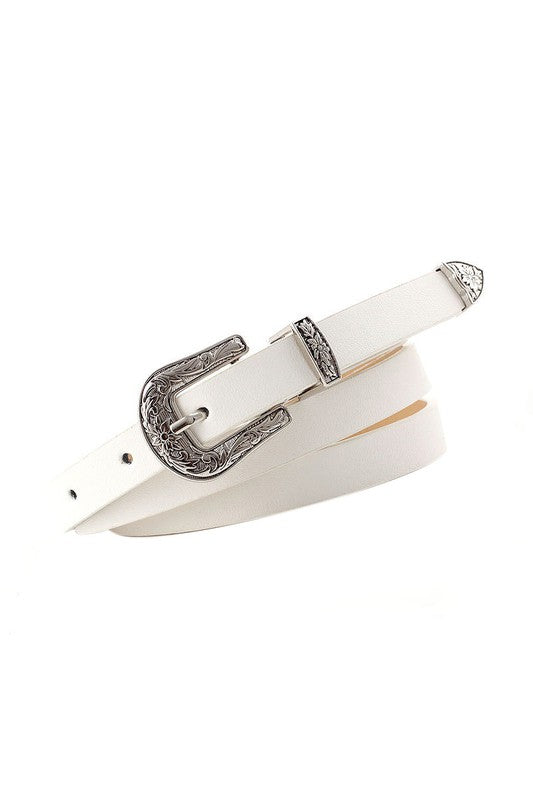 White Engraving Thin Western Buckle Belt