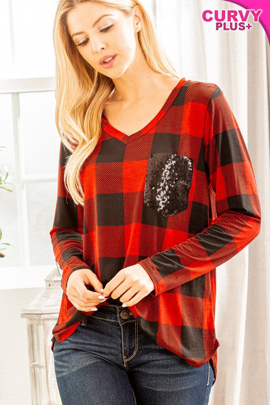 Plus Black/Red Plaid Black Sequin Pocket Top