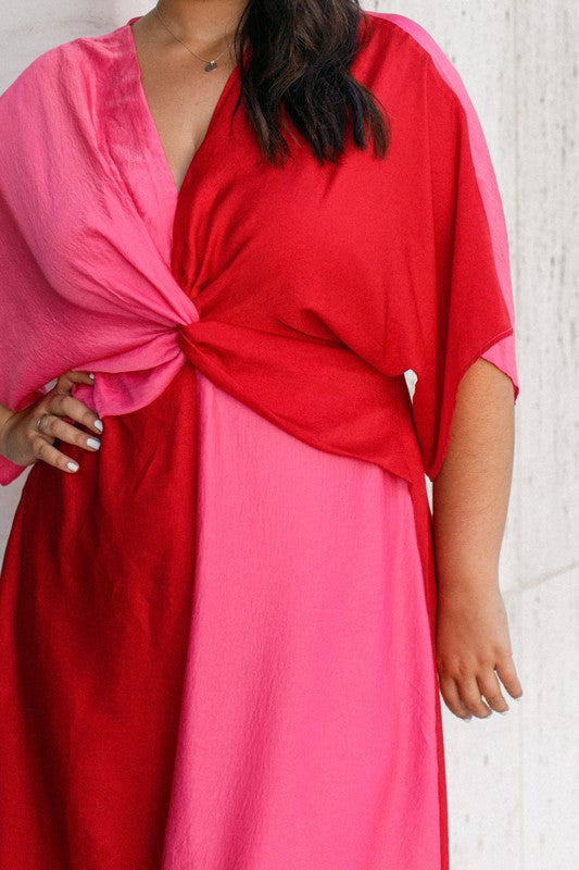 Plus Red Satin Color Block Maxi Dress