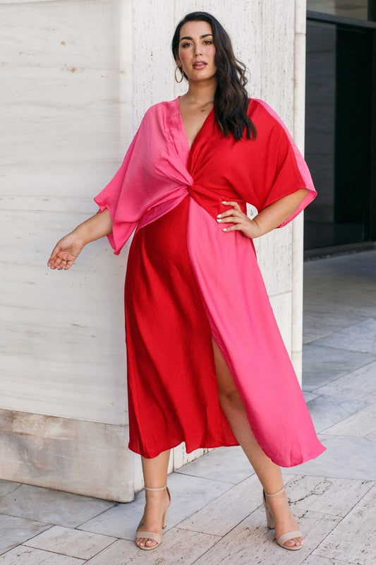 Plus Red Satin Color Block Maxi Dress