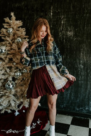 Forrest/Navy Bleached Plaid Dipped Distressed Button Up