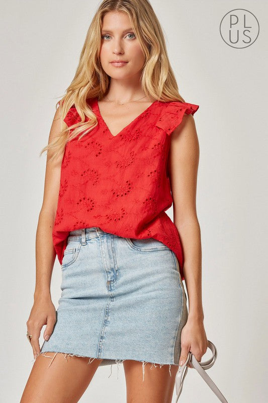 Plus Red Eyelet Ruffle Sleeve Blouse