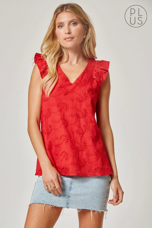 Plus Red Eyelet Ruffle Sleeve Blouse