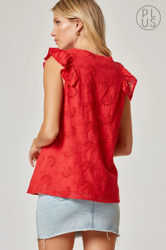 Plus Red Eyelet Ruffle Sleeve Blouse