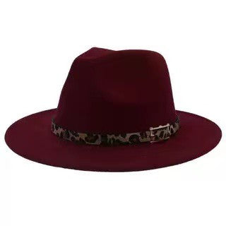 Burgundy Brimmed Hat with Leopard Band