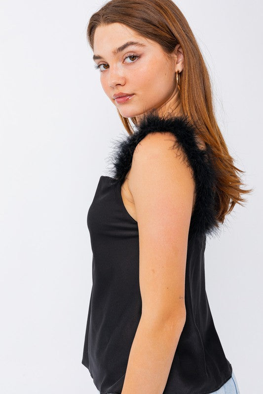 Black Fur Trim Cowl Neck Cami