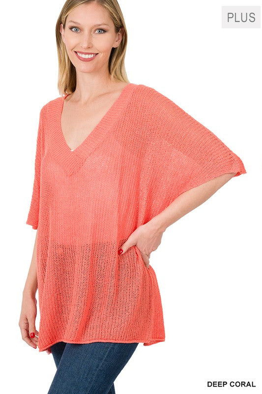 Plus Deep Coral Oversized V-Neck Sweater