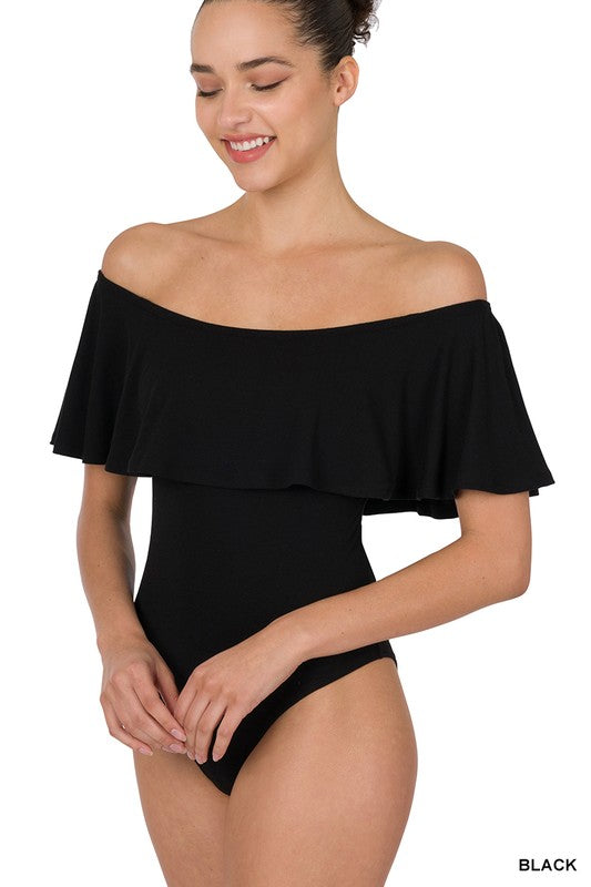 Black Ruffle Off The Shoulder Bodysuit