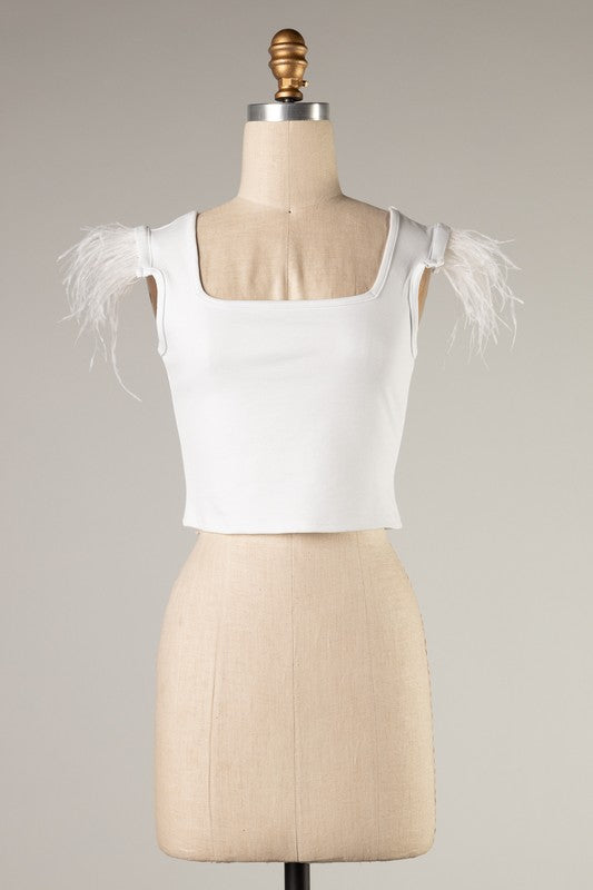 White Cropped Feather Sleeve Tank