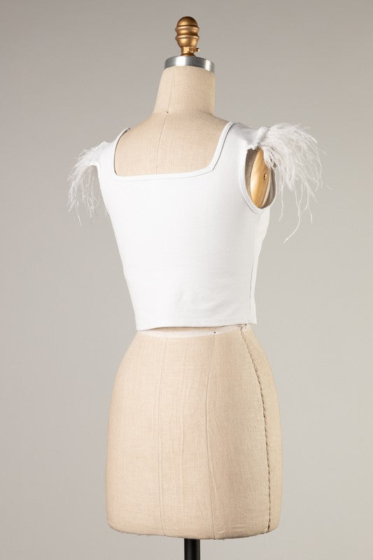 White Cropped Feather Sleeve Tank