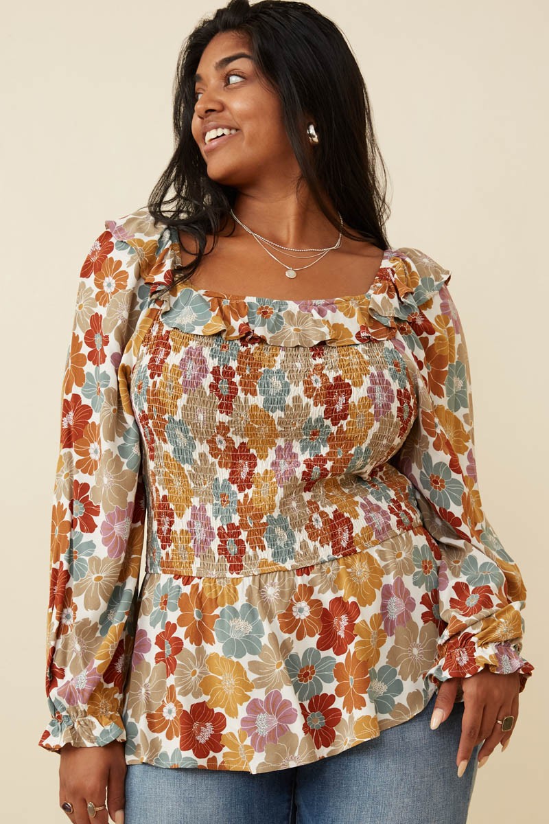 Plus Ruffled Shoulder Smocked Floral Jessica Top