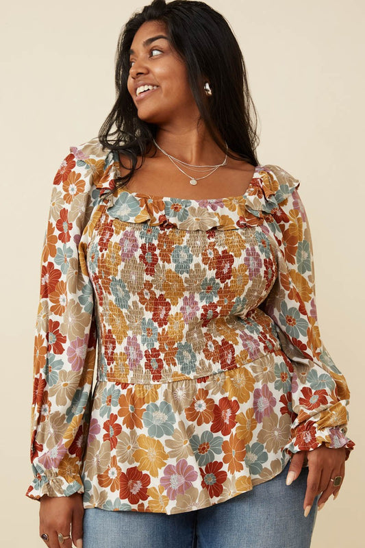 Plus Ruffled Shoulder Smocked Floral Jessica Top