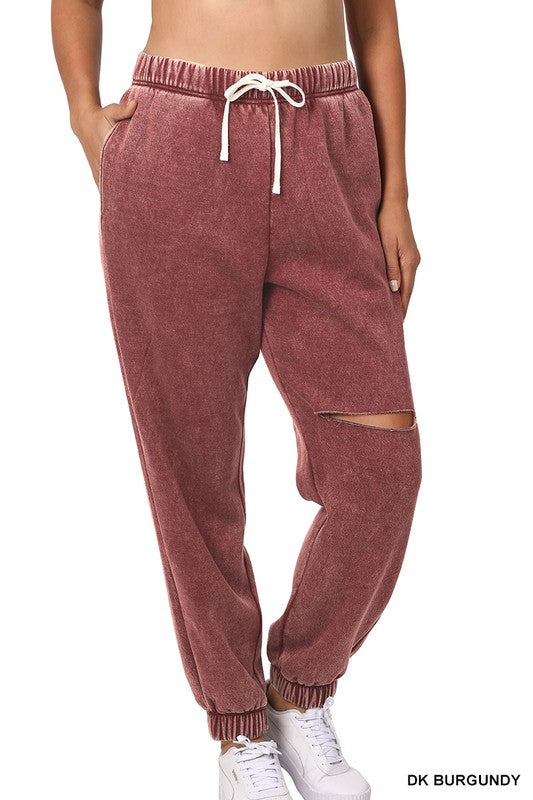 Plus Dark Burgundy Acid Wash Laser Cut Joggers