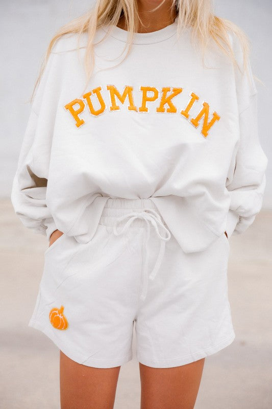 White Embroidered Pumpkin Crew & Sweatshorts Set