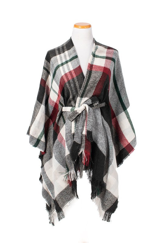 Black Plaid Belted Poncho