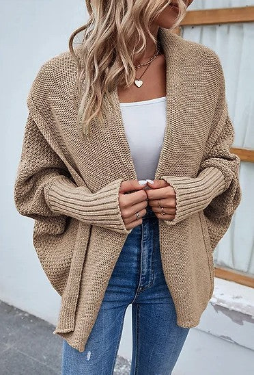 Khaki Loose Fit Batwing Sleeve Knitted Cardigan