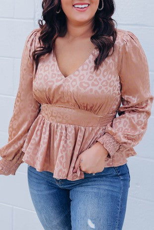 Pink Satin Leopard Print Peplum Blouse