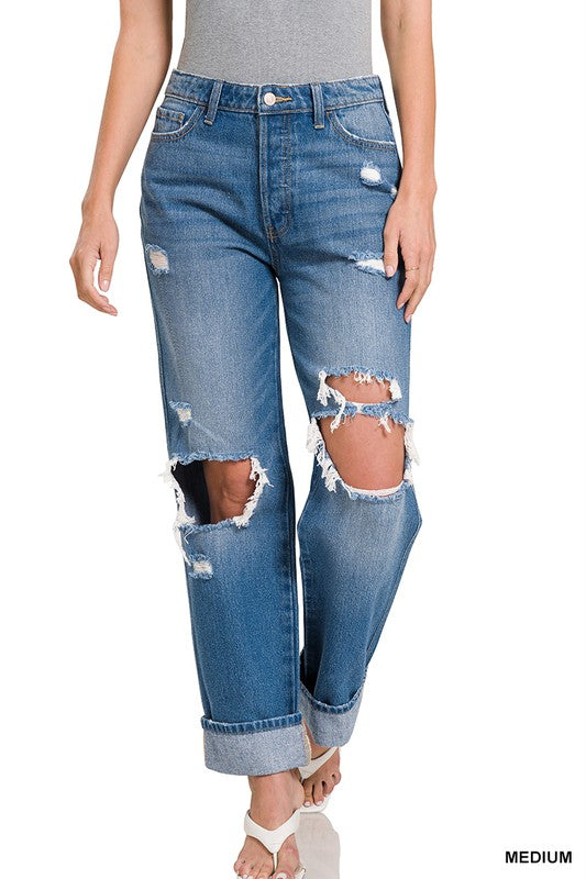 Medium Wash Rigid Distressed Cuffed Hem Boyfriend Denim