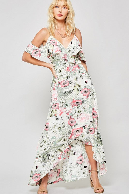 Floral Ruffled Layer Wrap Woven Maxi Dress