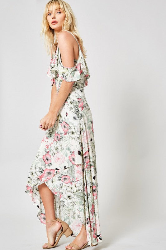 Floral Ruffled Layer Wrap Woven Maxi Dress