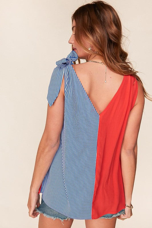 Plus Red/Blue Stripe Color Block Tie Shoulder Tank