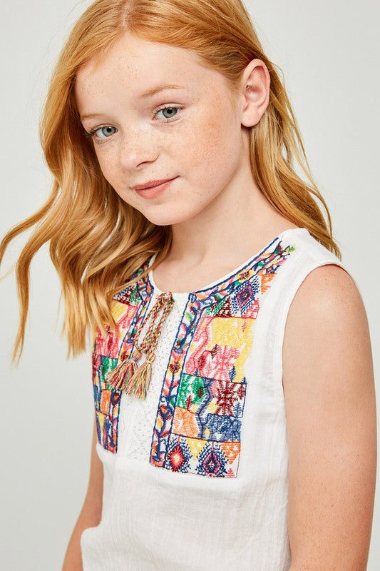 Girls Embroidered Tie-Front Peasant Top