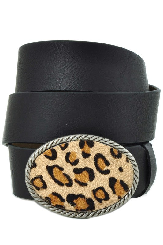 Black Belt Light Leopard Calf Hair Buckle