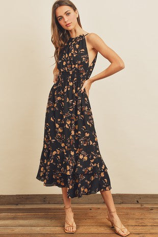 Floral Gathered Neck Midi Dress
