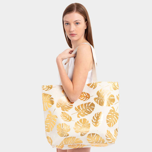 Gold Tropical Leaves Foil Beach Bag