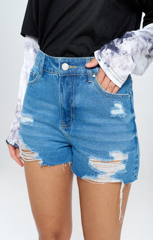 Medium Wash Freyed Hem Denim Shorts