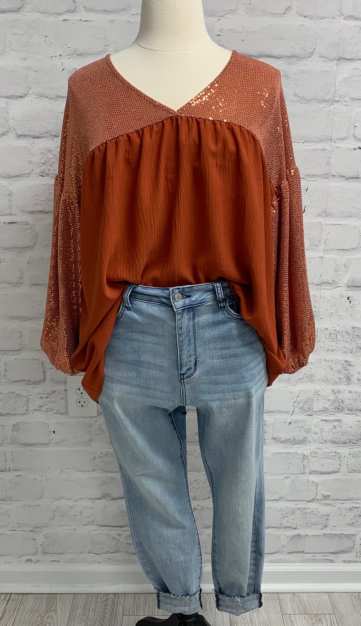 Plus Rust Balloon Sequin Long Sleeve