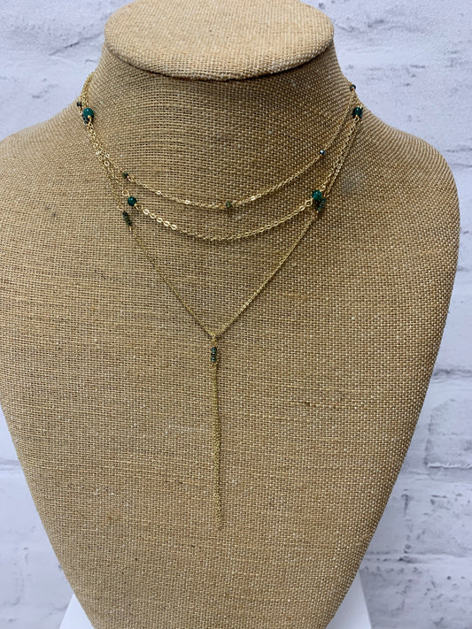 Emerald Bead Triple Layer Lariat Necklace