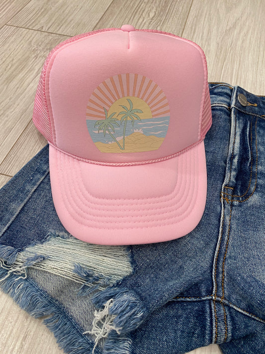 Baby Pink Summer Tropical Trucker Hat