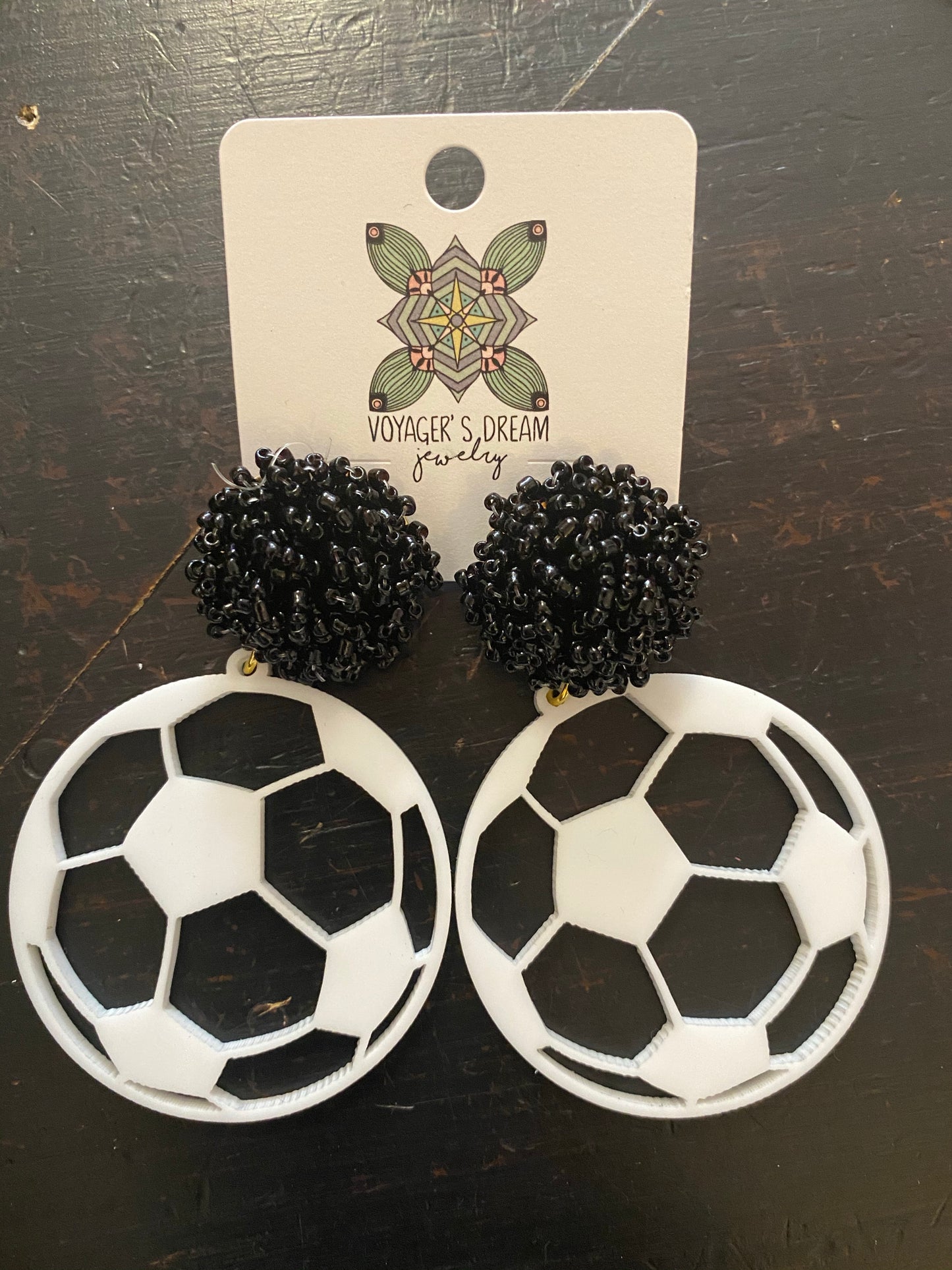 Acrylic Soccer Ball Earrings With Pom Pom