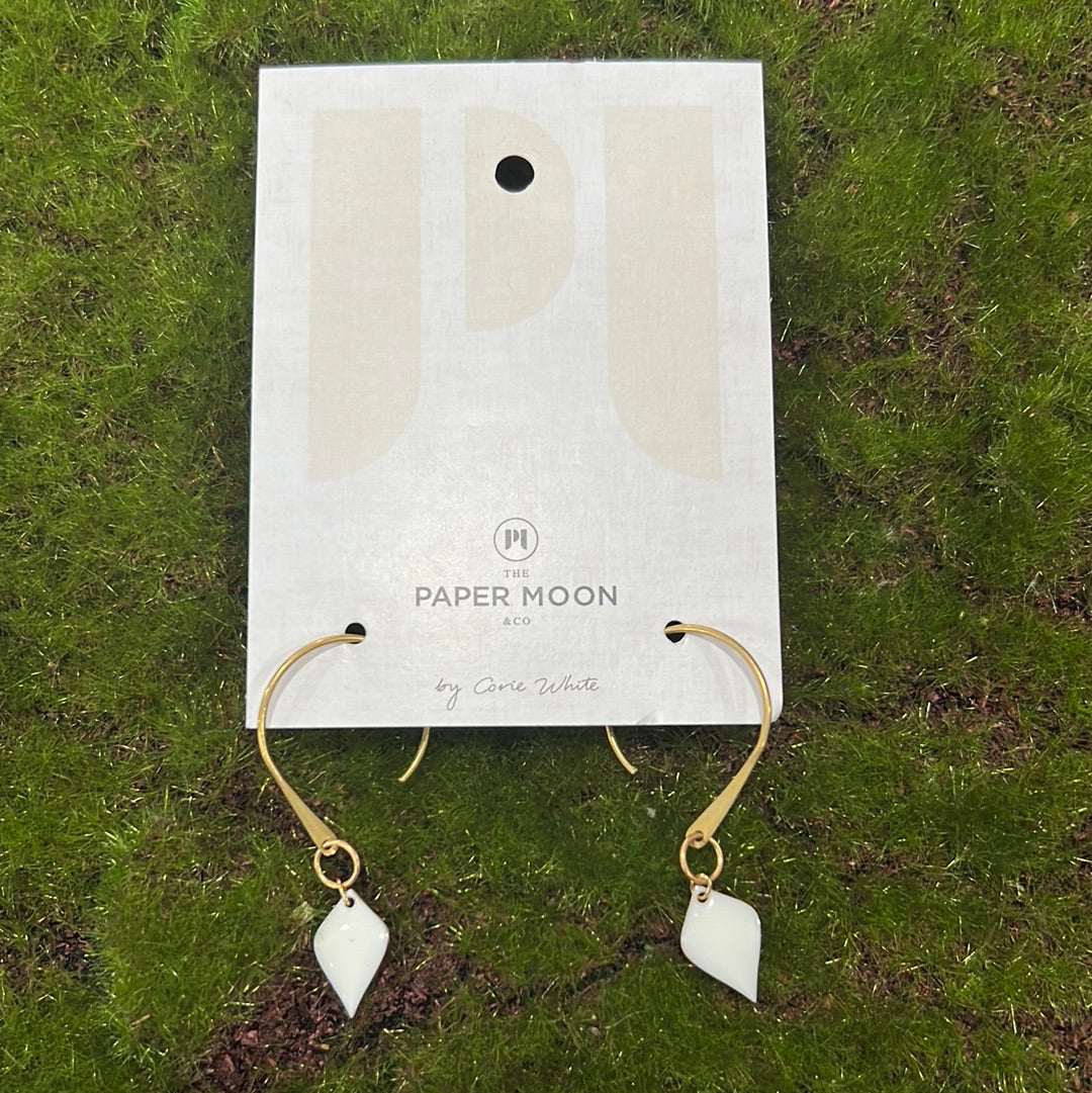 Brass Hoop White Small Drop Paper Moon Earring