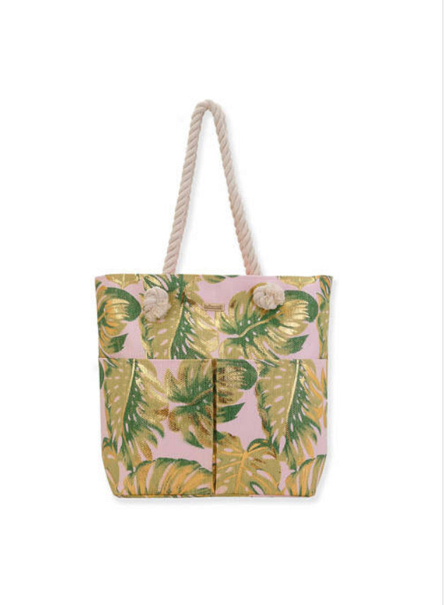 Pink Metallic Palm Leaf Sun N Sand Tote