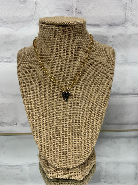 Gold Chain Link Black Beaded Heart Charm Necklace