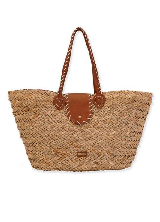 Natural Straw Palm Print Liner, Shoulder Tote Sun N Sand