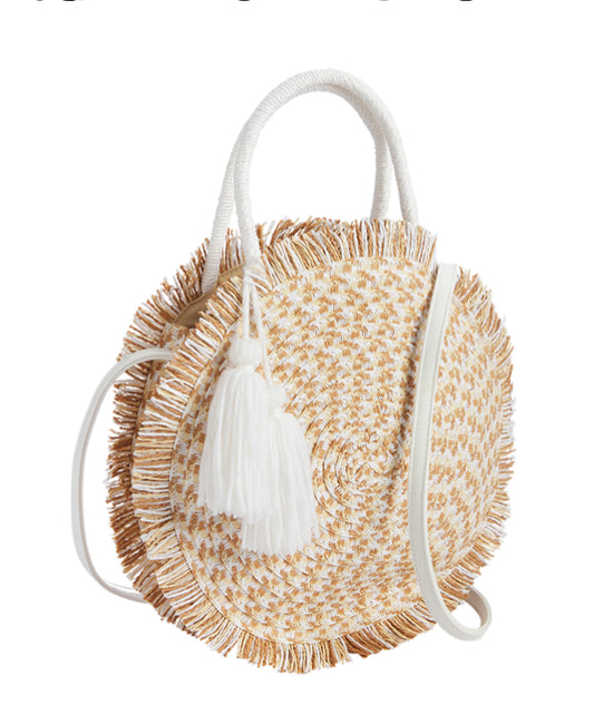 Mud Pie White Circle Fringe Tote
