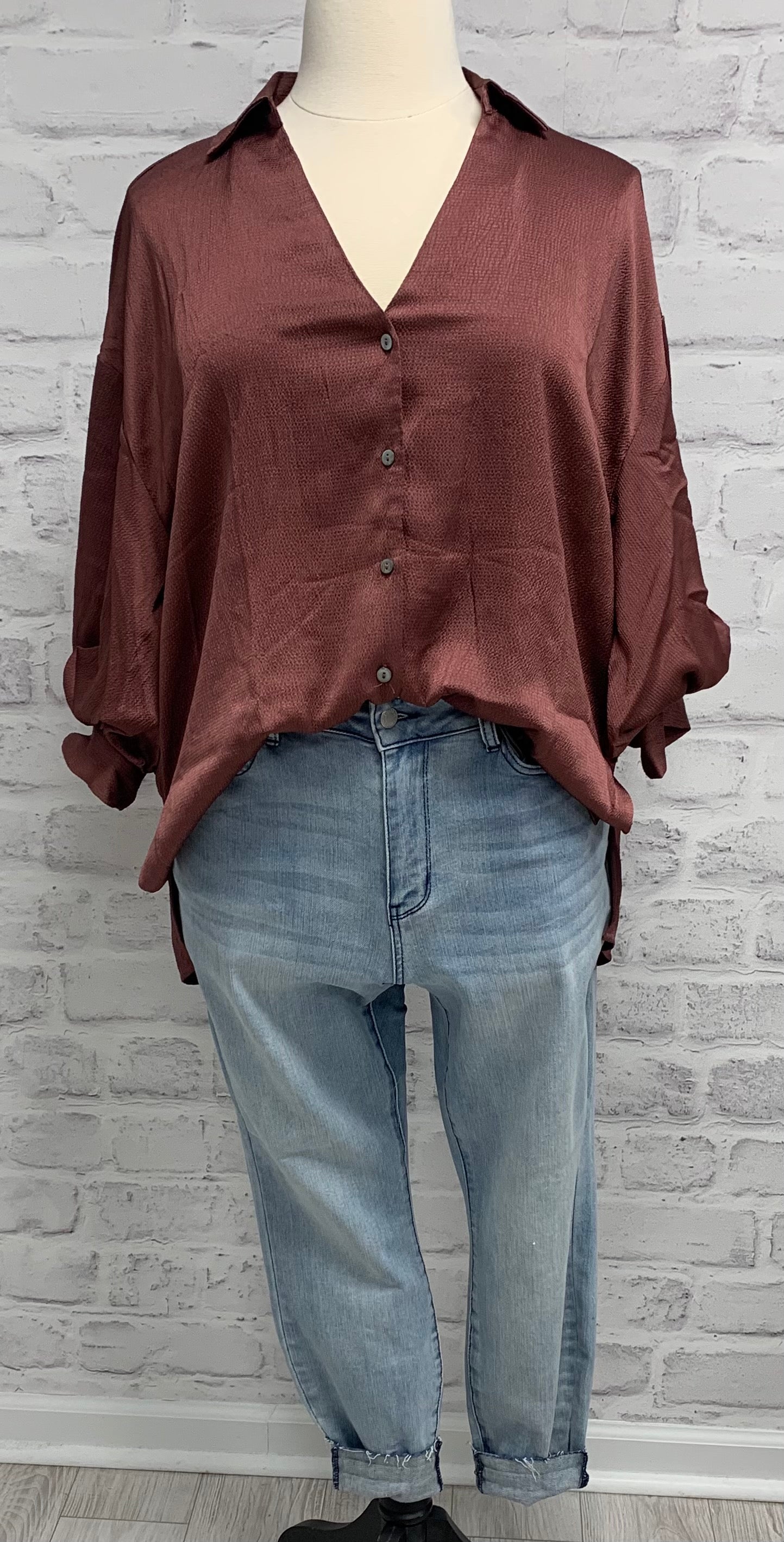 Plus Marsala Front Button Down V-Neck Balloon Sleeve Shirt