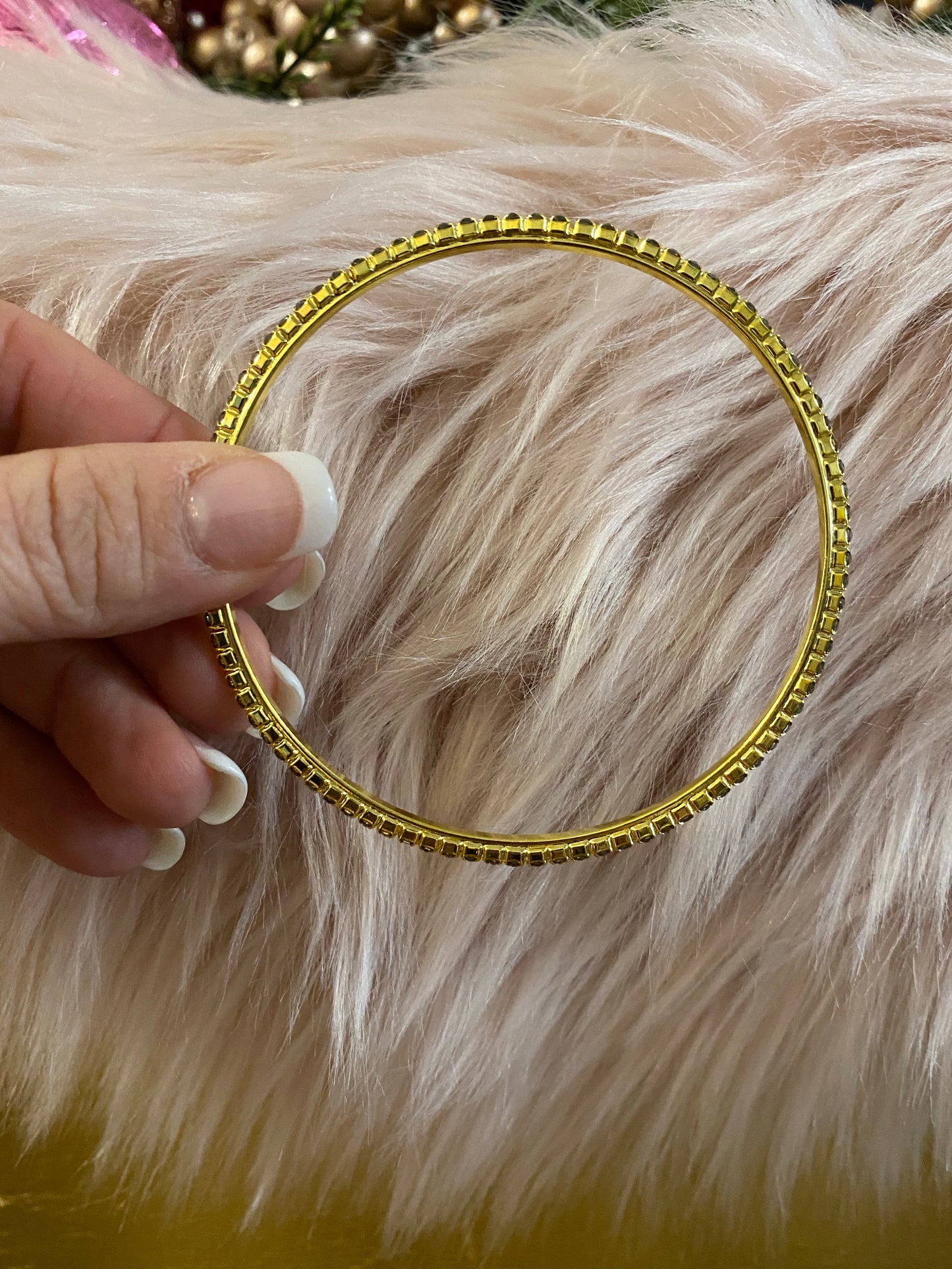 Thin Gold Tone Bangle Bracelet with Gray Crystals