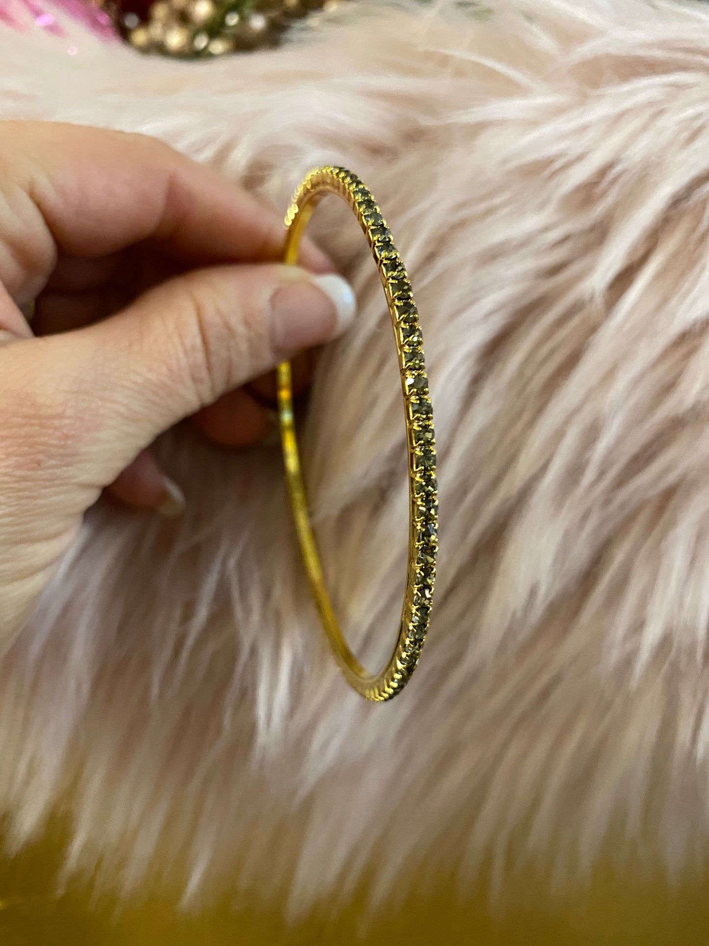 Thin Gold Tone Bangle Bracelet with Gray Crystals